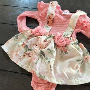 Pink and Cream Ruffled Tie Front Dress with Puff Cap Sleeves